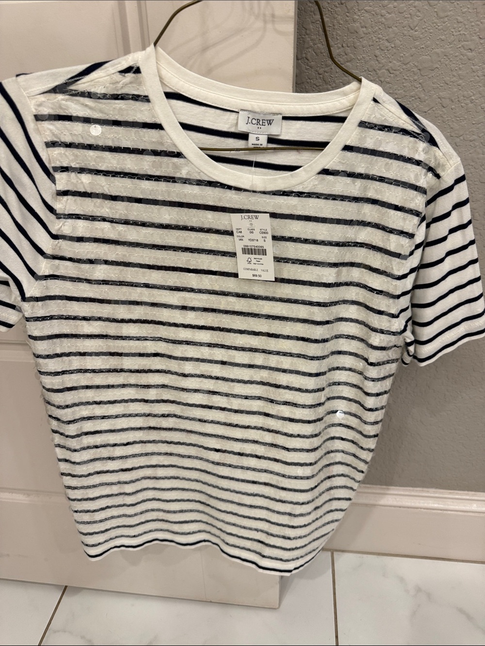 J. Crew White and Navy Striped Short Sleeve Tee